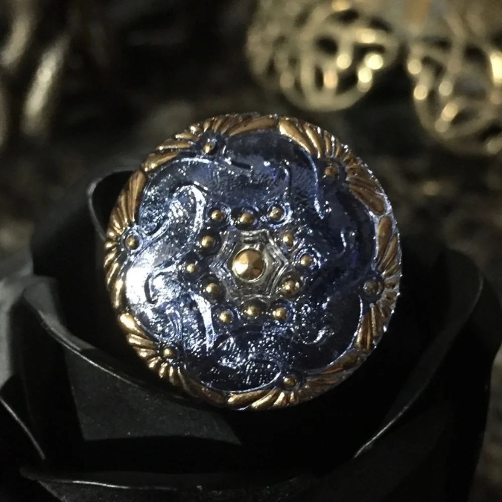 Blue Czech Glass Button Gold Filled Wire Ring